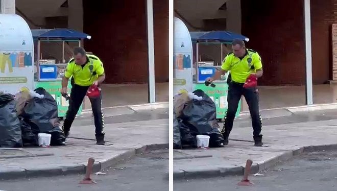 Trafik polisinden alkışlanacak hareket: Çöpe atılan Türk bayrağını aldı