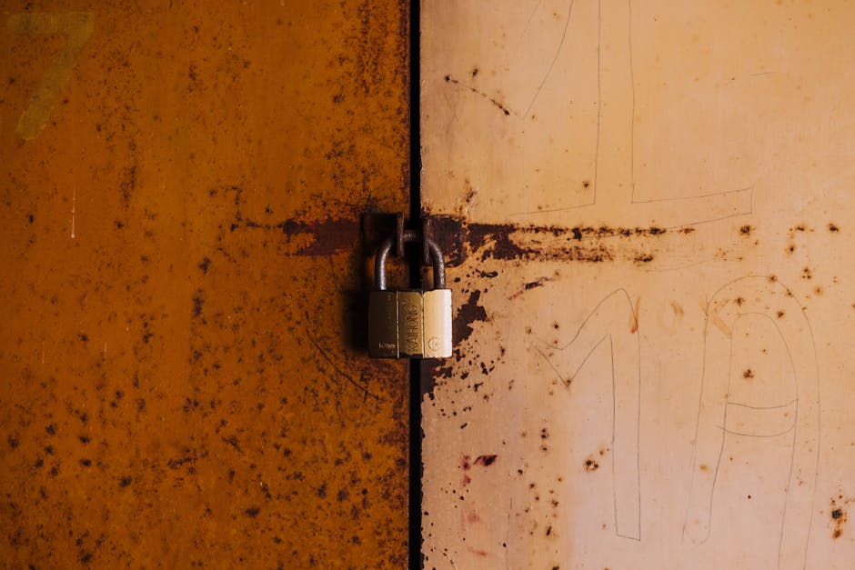 A close-up view of a rusty padlock securing a weathered metal door, highlighting decay and security.