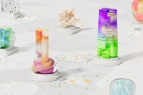 A colorful and vibrant abstract 3D render featuring intricate geometric shapes and structures.