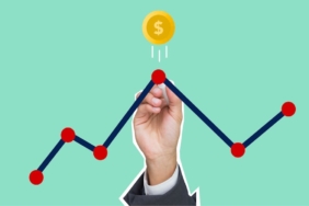 Illustration of a hand drawing a financial graph with a rising dollar coin.