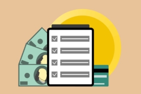 Vector illustration of modern tablet with check marks placed near dollar banknotes and credit card
