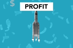 Illustration of a rocket symbolizing profit growth with a financial theme.